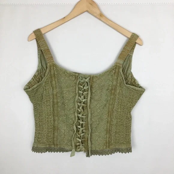 Vintage Green Embroidered Cropped Corset Renaissance Tank Top Forest Fairy - Picture 2 of 13